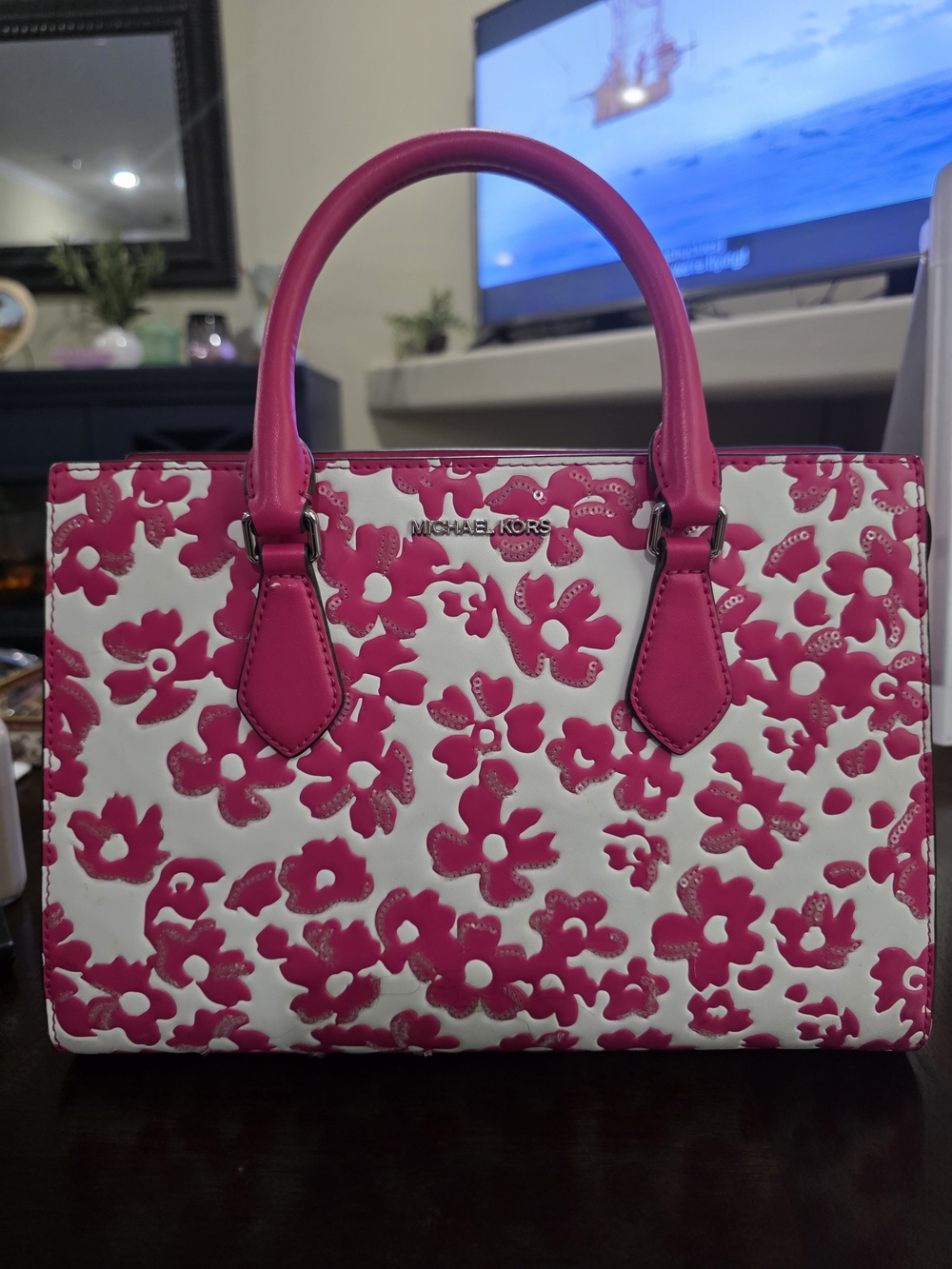 Michael Kors Sheila Medium Floral Sequin Satchel in the Dragonfruit Colorway.EUC